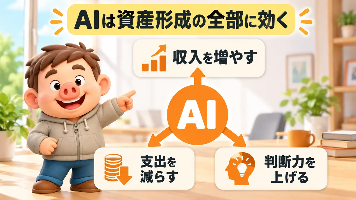 AIが収入を増やす、支出を減らす、判断力を上げるという3方向から資産形成を助ける関係図