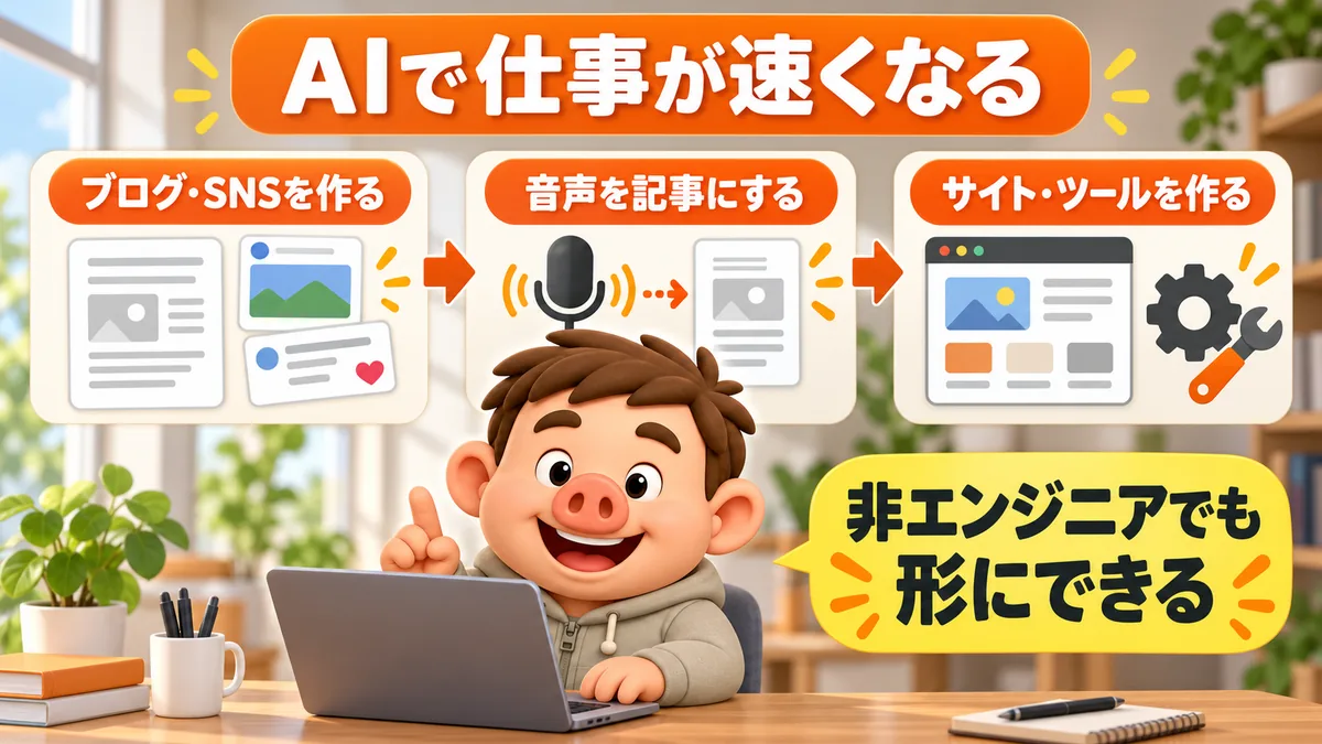 AIでブログやSNS、音声からの記事、サイトやツールを作り、非エンジニアでも形にできる図