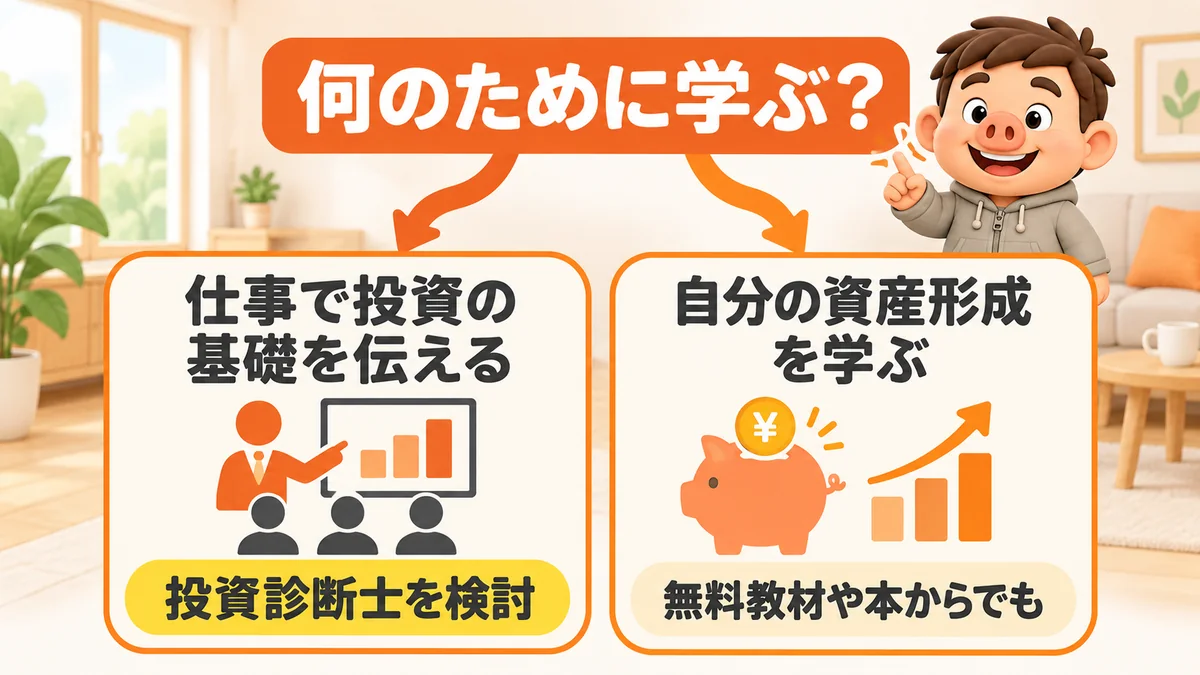 仕事で投資の基礎を伝えるなら投資診断士、自分の資産形成なら無料教材や本も選べる