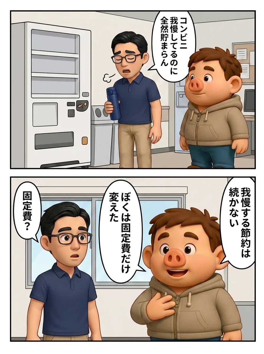 節約術の漫画1枚目。会社の休憩スペースで友人「コンビニ我慢してるのに、全然貯まらん」。豚男「我慢する節約は続かない。ぼくは固定費だけ変えた」友人「固定費？」