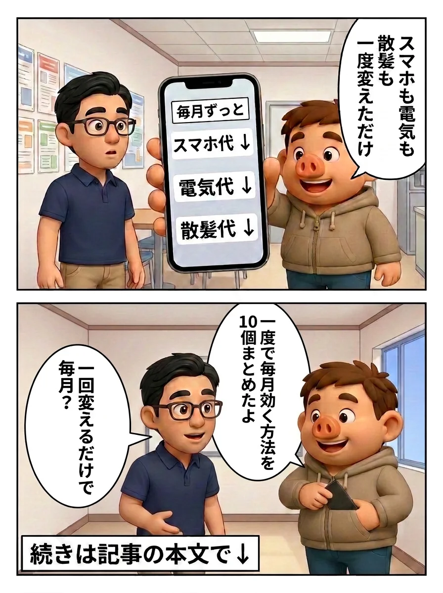 節約術の漫画2枚目。豚男がスマホの図解（スマホ代・電気代・散髪代が下がる、毎月ずっと）を見せて「スマホも電気も散髪も、一度変えただけ」。友人「一回変えるだけで、毎月？」豚男「一度で毎月効く方法を10個まとめたよ」続きは記事の本文で
