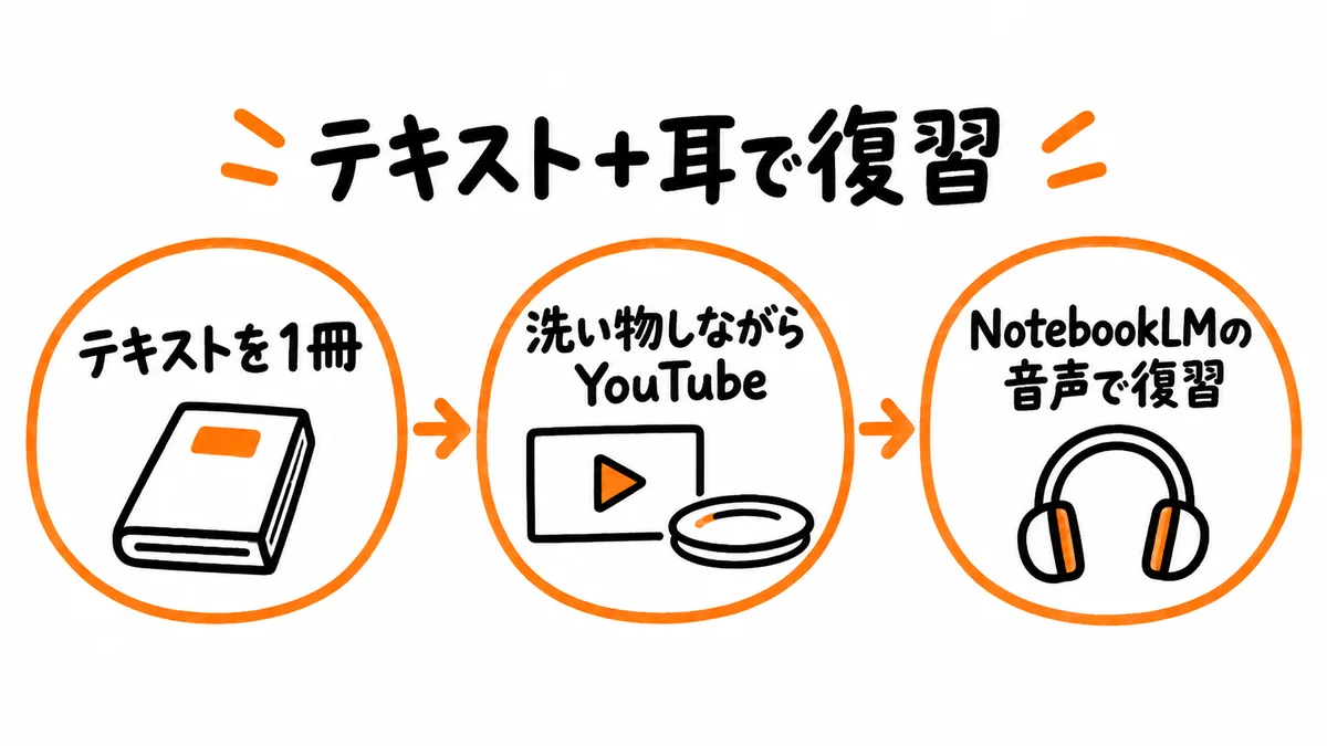 テキストを1冊読み、洗い物をしながらYouTube、NotebookLMの音声で復習