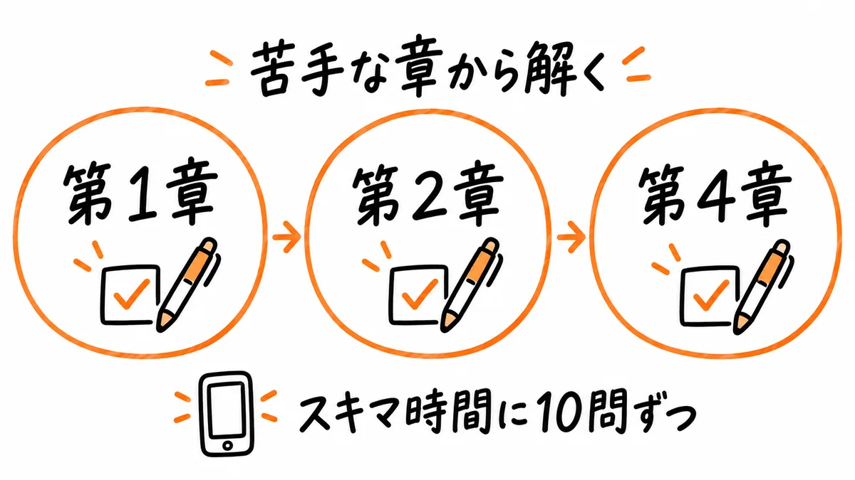 苦手な第1章→第2章→第4章の順に解き、スキマ時間に10問ずつ