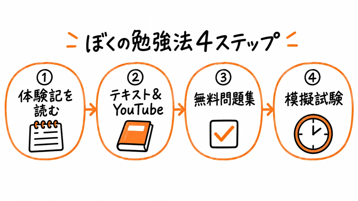 ぼくの勉強法4ステップ(体験記を読む・テキスト&YouTube・無料問題集・模擬試験)