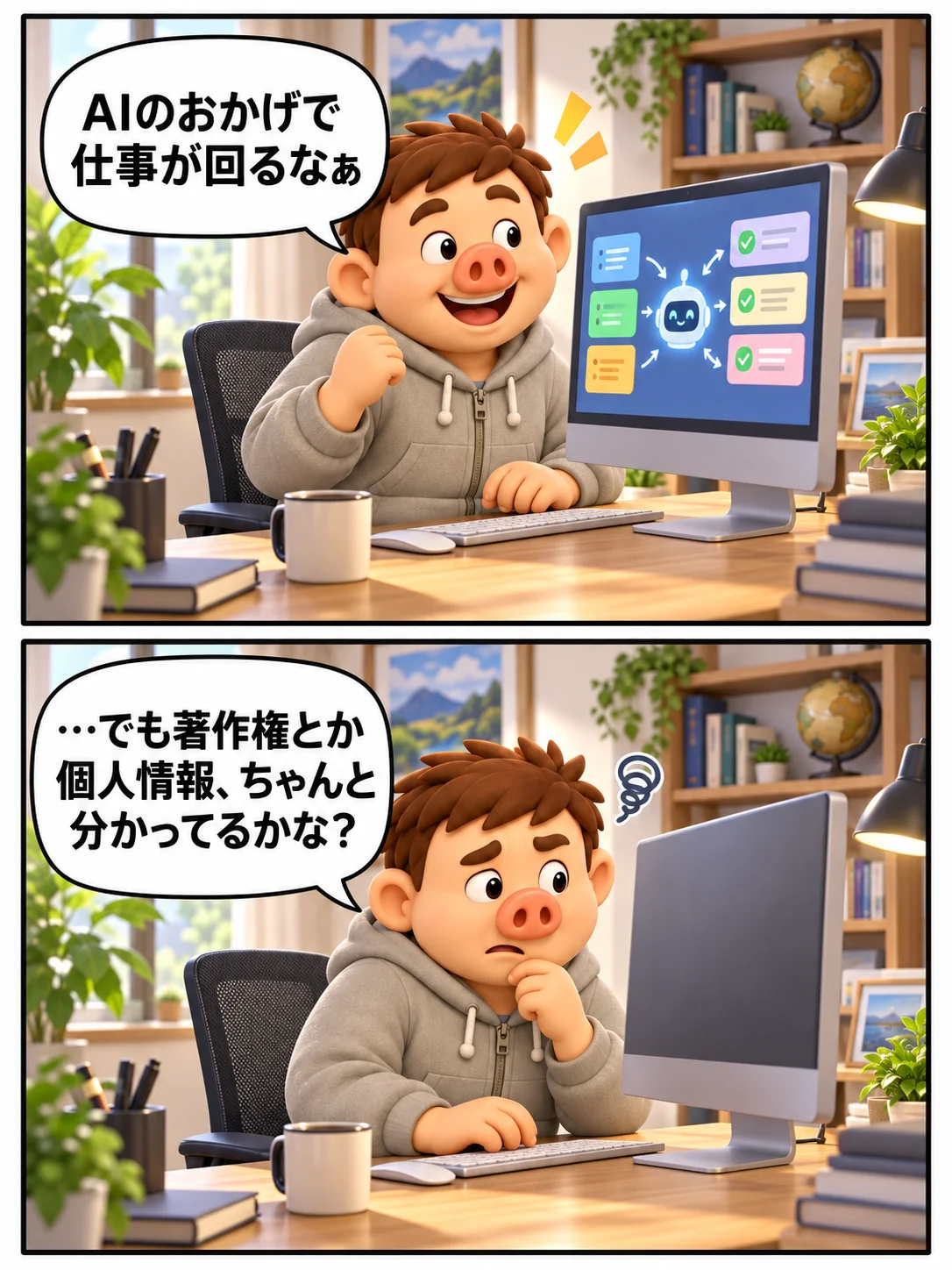 AIに仕事を任せていた豚男が、著作権や個人情報を分かっているか考え込む漫画