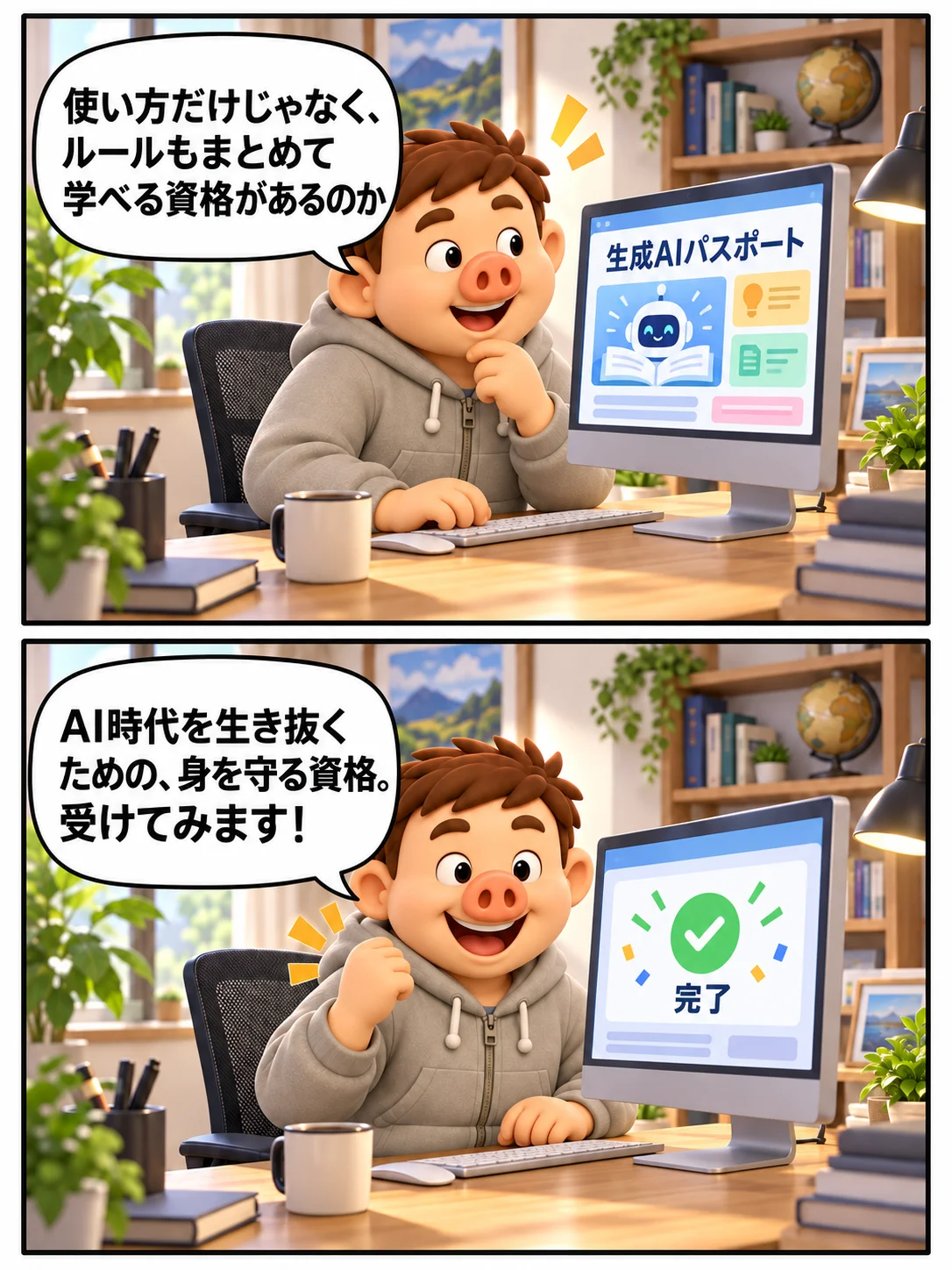 豚男が生成AIパスポートを知り、受験料を払って受験を決める漫画