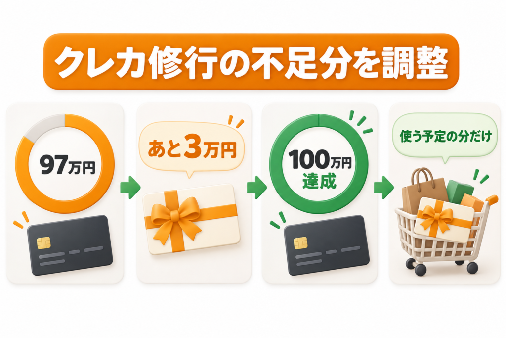 クレカ修行で97万円から不足する3万円をアマギフで調整し100万円を達成する例
