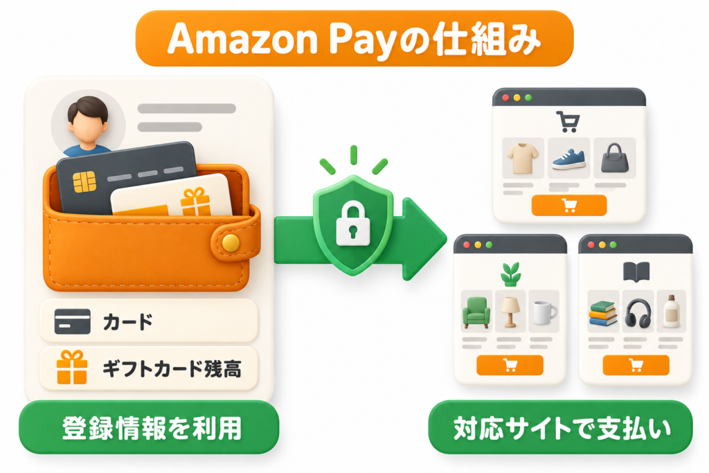 Amazon Payで登録カードやギフトカード残高を使い対応サイトで支払う仕組み