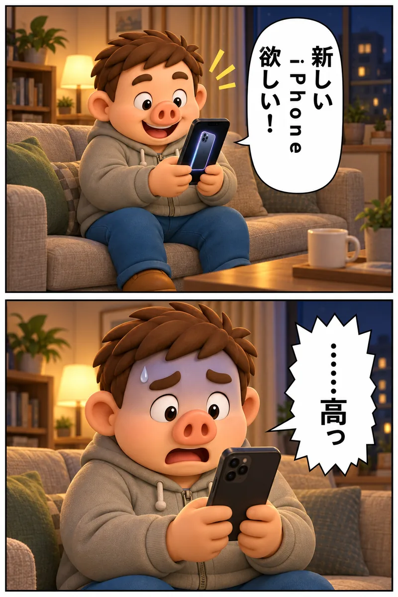 Apple Gift Card記事の漫画1枚目。夜のリビングで新型iPhoneの発表を見て「新しいiPhone欲しい!」、値段を知って青ざめ「……高っ」