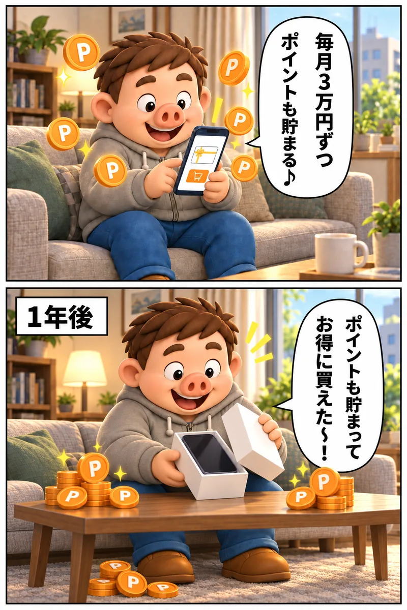 Apple Gift Card記事の漫画2枚目。スマホで毎月3万円ずつ買い、ポイントのコインが舞う「毎月3万円ずつ ポイントも貯まる♪」。1年後、新しいスマホの箱を開けて「ポイントも貯まって お得に買えた〜!」