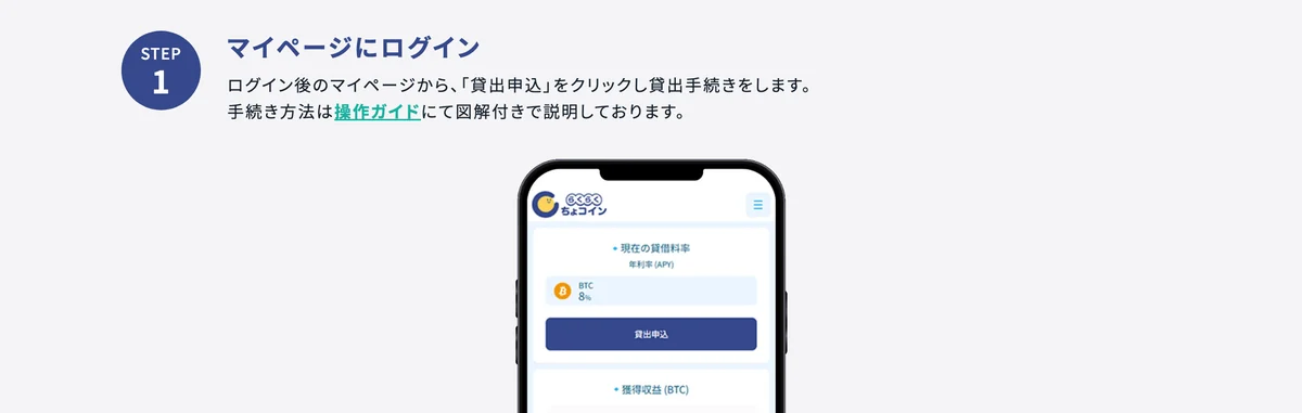 らくらくちょコインのマイページ。現在の貸借料率と貸出申込ボタンが表示されている画面