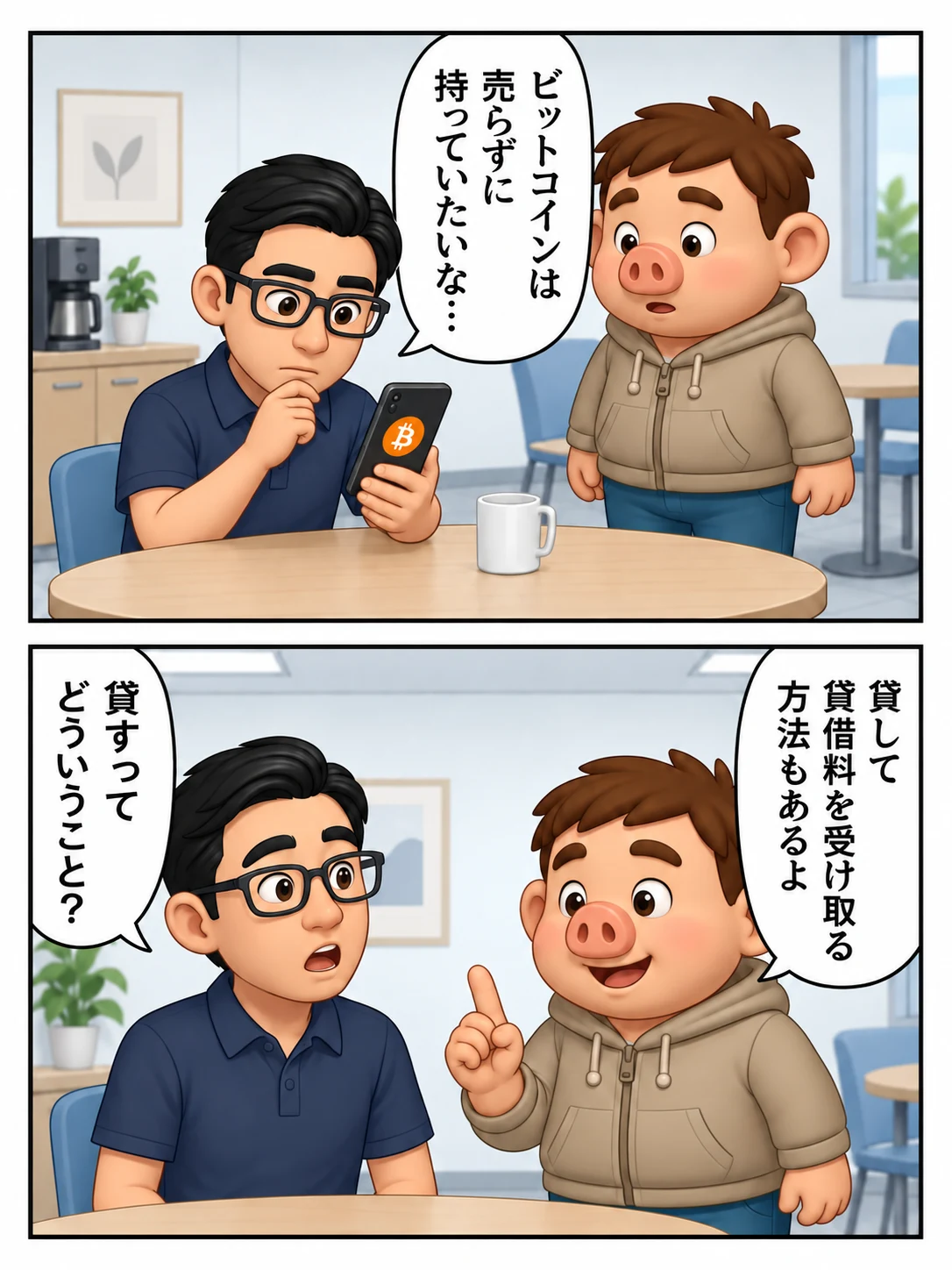らくらくちょコインの漫画前半。ビットコインを売らずに持っていたい友人に、豚男が「貸して貸借料を受け取る方法もあるよ」と紹介する。