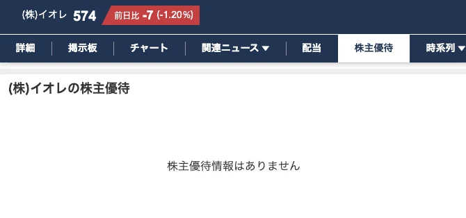 イオレの株主優待欄に、株主優待情報はありませんと表示された画面