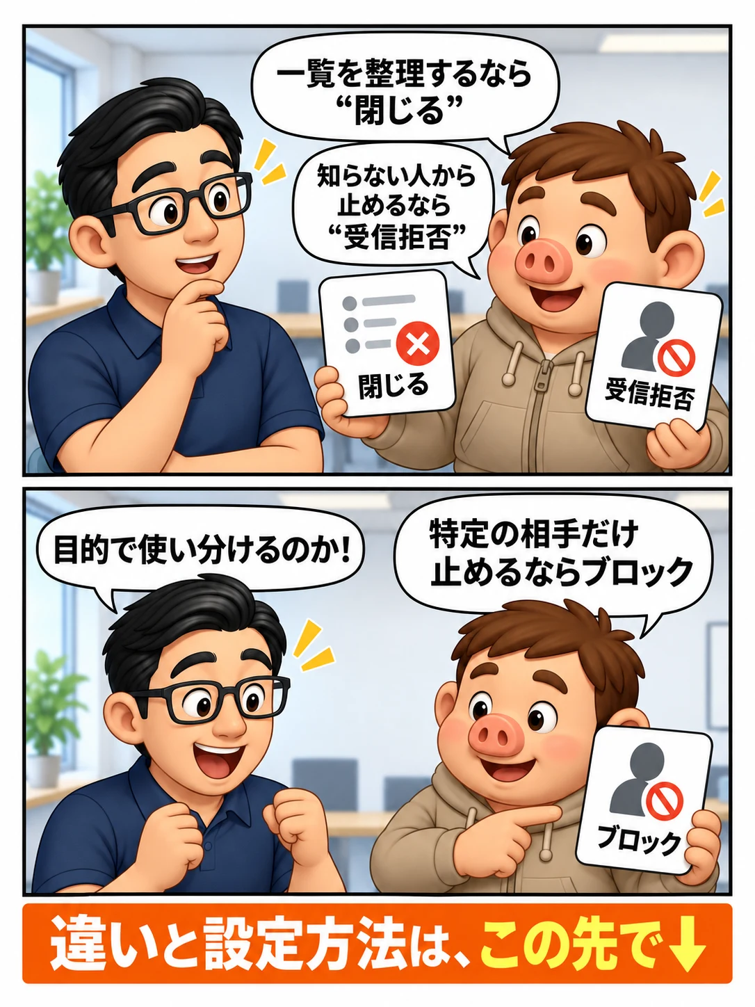 DiscordのDMは一覧整理なら閉じる、知らない人から止めるなら受信拒否、特定の相手ならブロックと説明する漫画