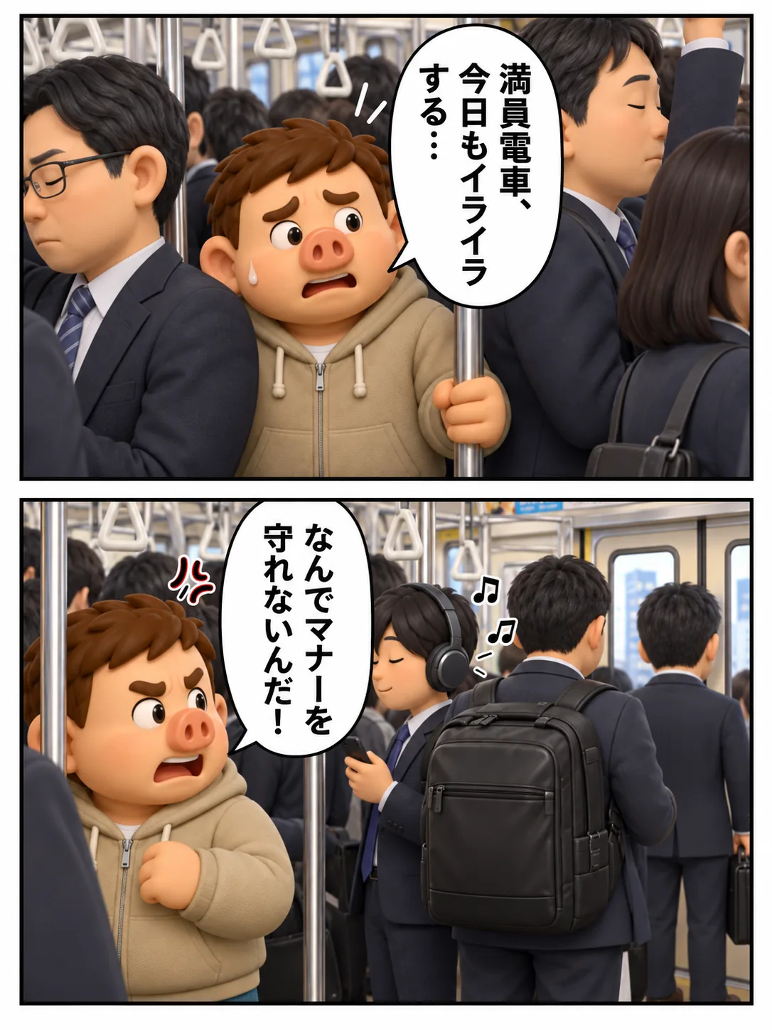 満員電車で周囲のマナーにイライラする豚男の2コマ漫画