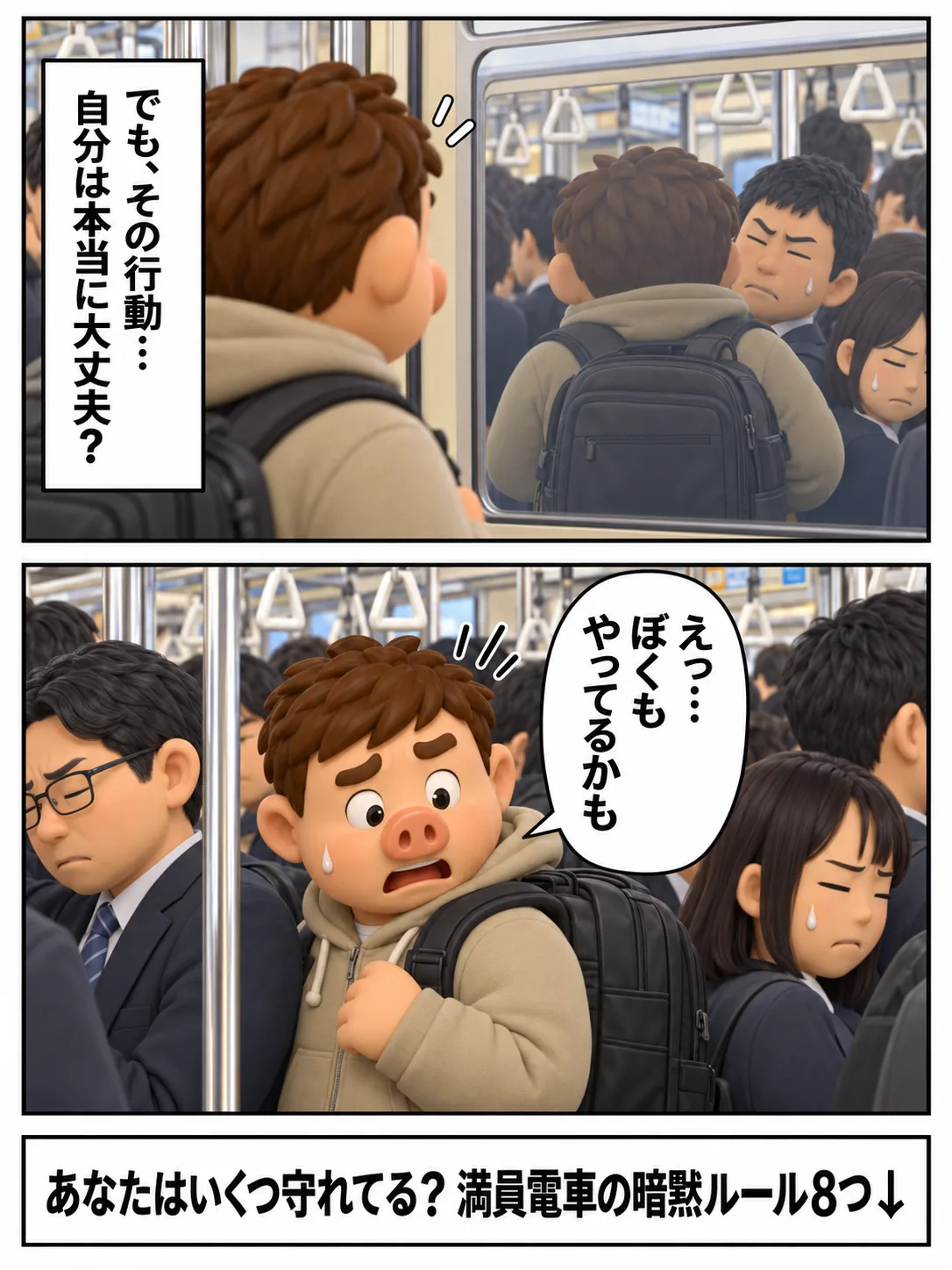 自分も無意識にマナー違反をしているかもしれないと気づく豚男の2コマ漫画