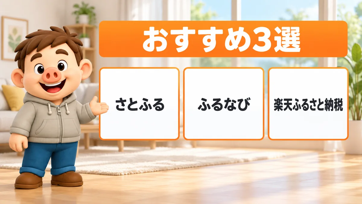 おすすめのふるさと納税サイト3選として、さとふる、ふるなび、楽天ふるさと納税を同じ大きさのカードで並べた図。