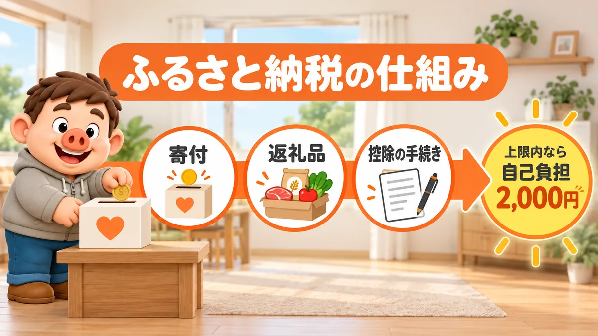 自治体への寄付後に返礼品を受け取り、控除の手続きをする。控除上限内の寄付と必要な手続きがそろえば年間の自己負担は2,000円。