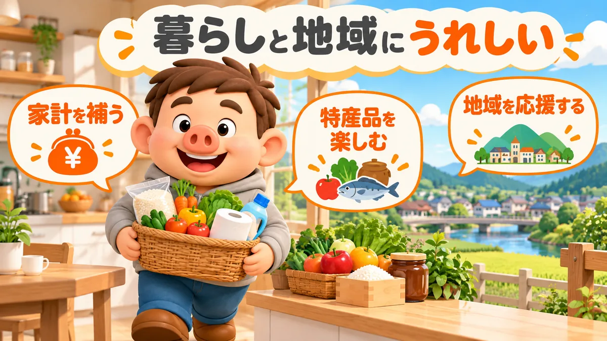 ふるさと納税のメリットは、食品や日用品で家計を補えること、地域の特産品を楽しめること、応援したい地域に寄付できること。