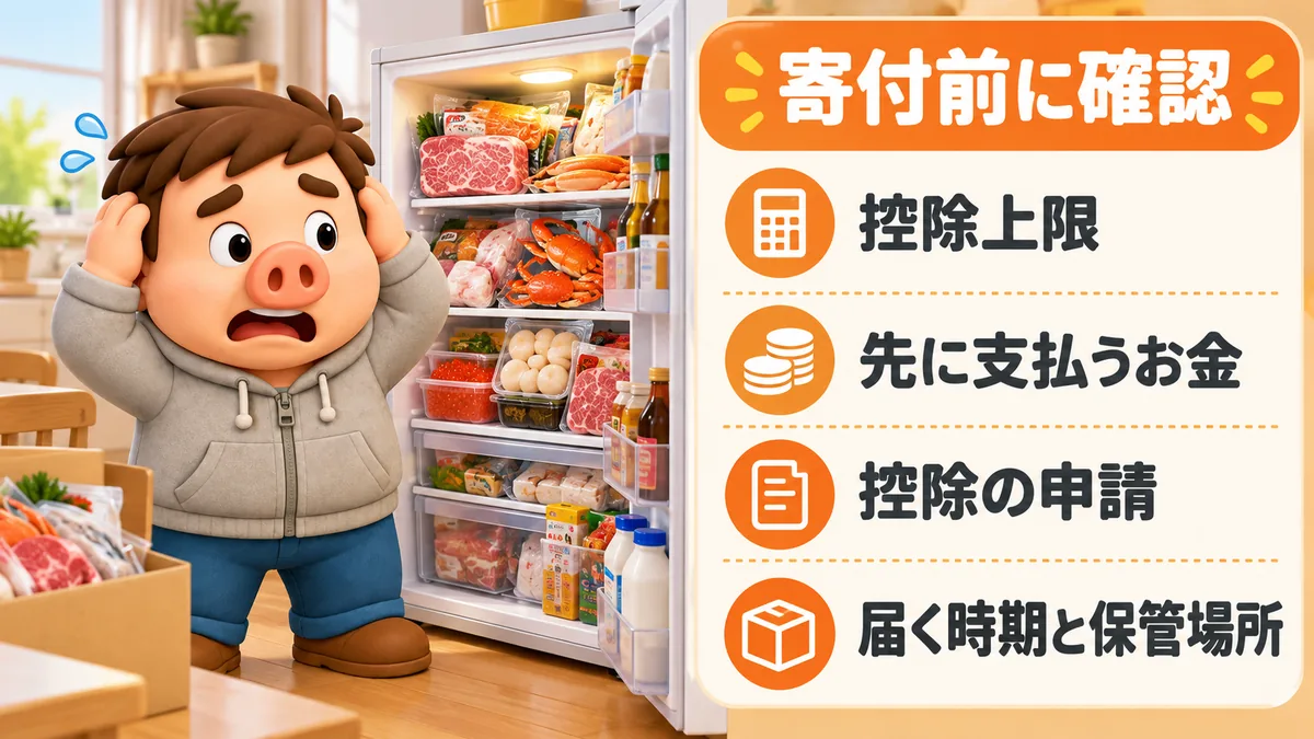 寄付前に控除上限、先に必要な寄付金、控除申請、返礼品の到着時期と保管場所を確認する。