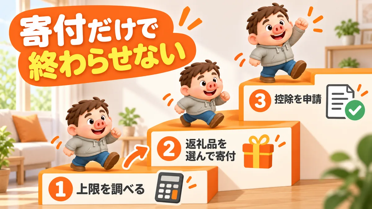 ふるさと納税は、控除上限を調べる、返礼品を選んで寄付する、控除を申請する、の順で進める。