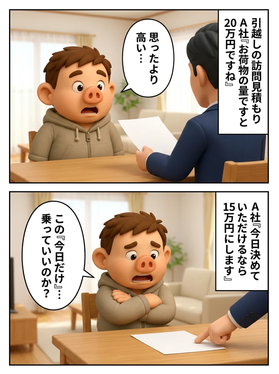 引越しの訪問見積もりで営業から20万円と言われて驚く豚男。今日決めるなら15万円と言われ、この今日だけの価格に乗っていいのか迷う