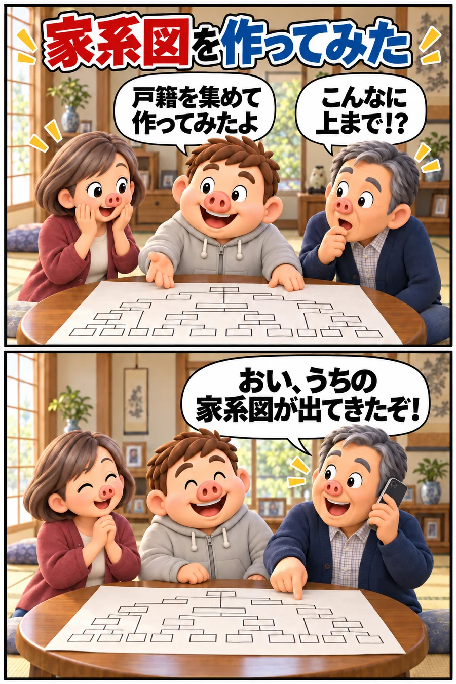 豚男が戸籍を集めて作った家系図を両親に見せ、父がいとこに電話して盛り上がる漫画