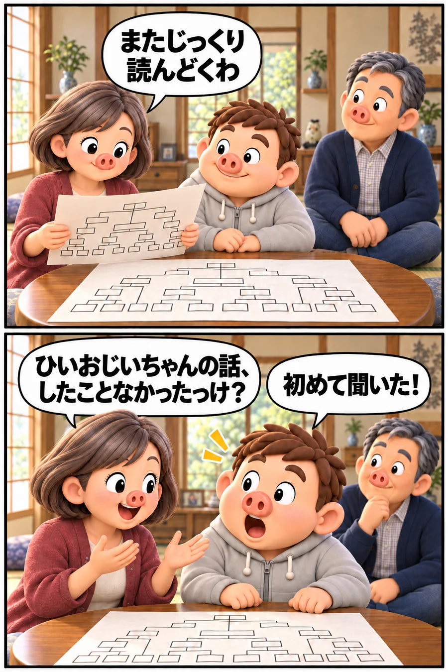母が家系図を読み、ひいおじいちゃんの話を初めて聞いて豚男が驚く漫画