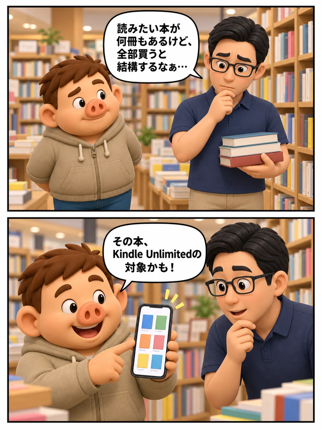 本を何冊も買うと高いと悩む友人に、豚男がKindle Unlimitedの対象本かもしれないと教える漫画
