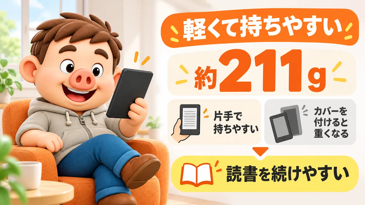 Kindle Paperwhiteの約211gの軽さと持ちやすさを説明する図解