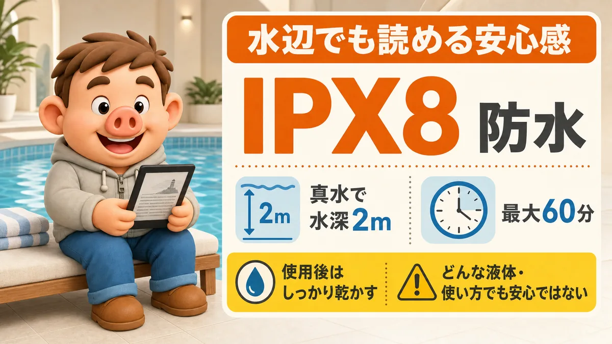 Kindle PaperwhiteのIPX8防水性能と使用時の注意点を説明する図解