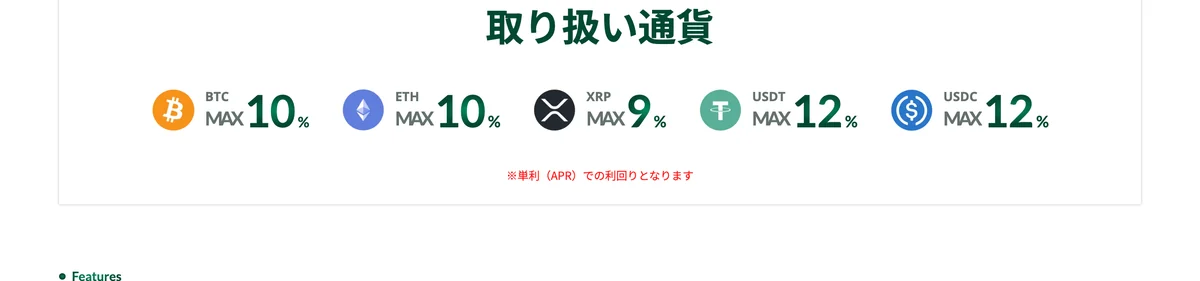 Lendeeの取り扱い通貨と最大利率。BTCは最大10%、ETHは最大10%、XRPは最大9%、USDTは最大12%、USDCは最大12%