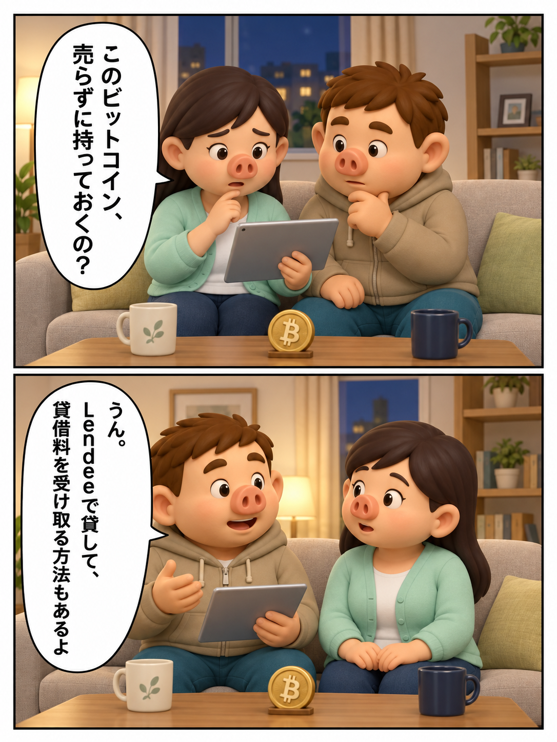 Lendeeの漫画前半。妻が保有中のビットコインについて尋ね、豚男がLendeeで貸して貸借料を受け取る方法を紹介する。