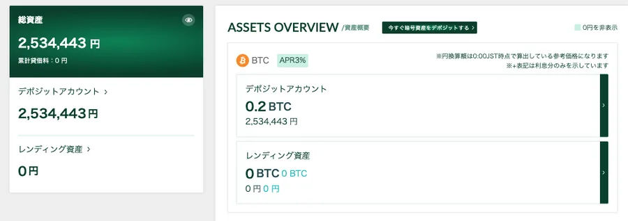 Lendeeのデポジットアカウントへ0.2BTCが反映された画面