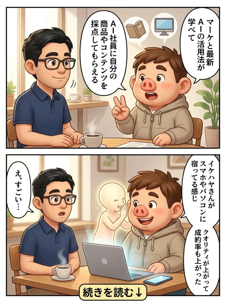 明鏡の値段の漫画2枚目。豚男「マーケと最新AIの活用法が学べて AI社員に自分のコンテンツを採点してもらえる」「イケハヤさんがスマホやパソコンに宿ってる感じ」友人「え、すごい…」