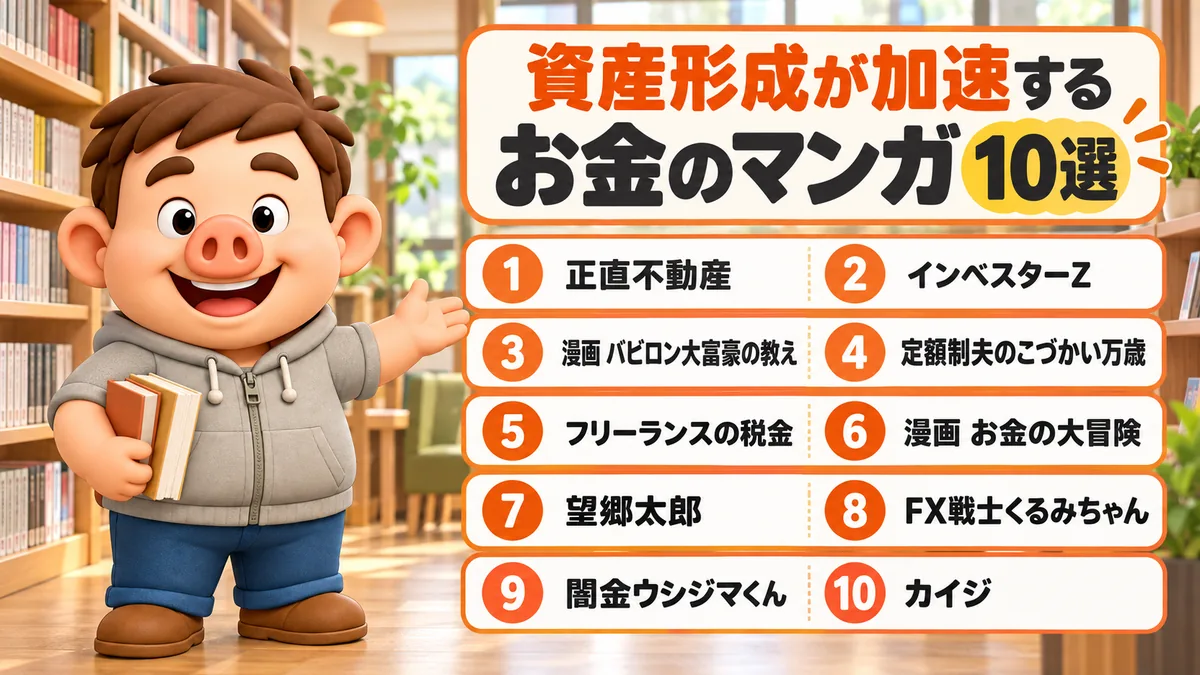 お金について学べるおすすめマンガ10選。正直不動産、インベスターZ、漫画 バビロン大富豪の教え、定額制夫のこづかい万歳、フリーランスの税金本、漫画 お金の大冒険、望郷太郎、FX戦士くるみちゃん、闇金ウシジマくん、カイジ