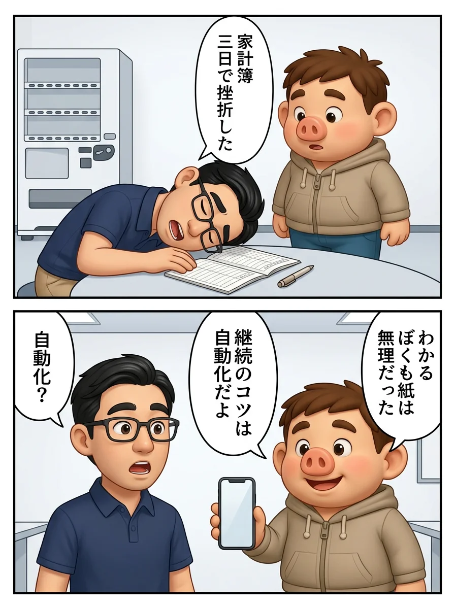 マネーフォワード MEの漫画1枚目。手書きの家計簿に突っ伏す友人「家計簿、三日で挫折した」。豚男「わかる、ぼくも紙は無理だった。継続のコツは自動化だよ」友人「自動化?」