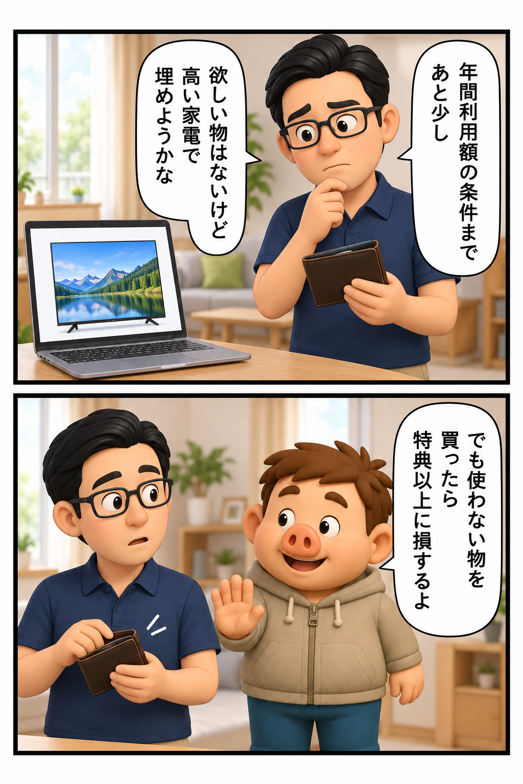 クレカ修行の不足分を高額家電で埋めようとする友人を豚男が止める漫画