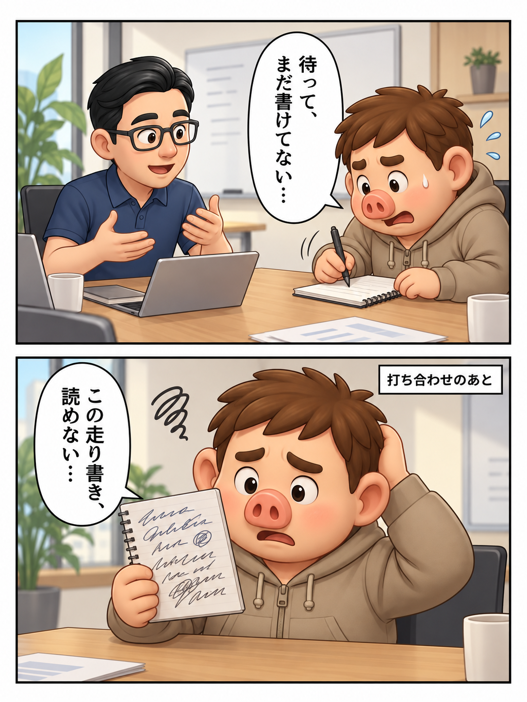 打ち合わせのメモが追いつかず、終了後も走り書きを読めずに困る豚男。