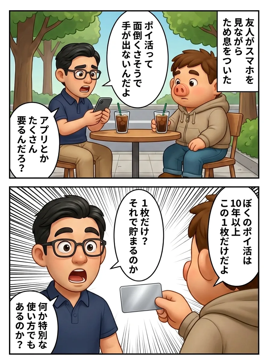 楽天カード導入漫画の1ページ目。友人が「ポイ活って面倒くさそうで手が出ない」と言い、豚男は10年以上このカード1枚だけだと答えている