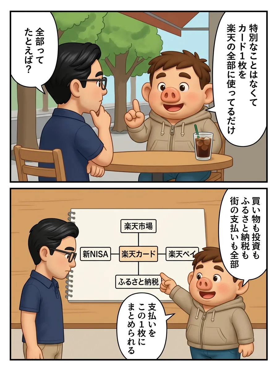 2ページ目。特別なことはなくカード1枚を楽天の全部に使うだけ。楽天カードから楽天市場・新NISA・ふるさと納税・楽天ペイへ支払いをまとめる図