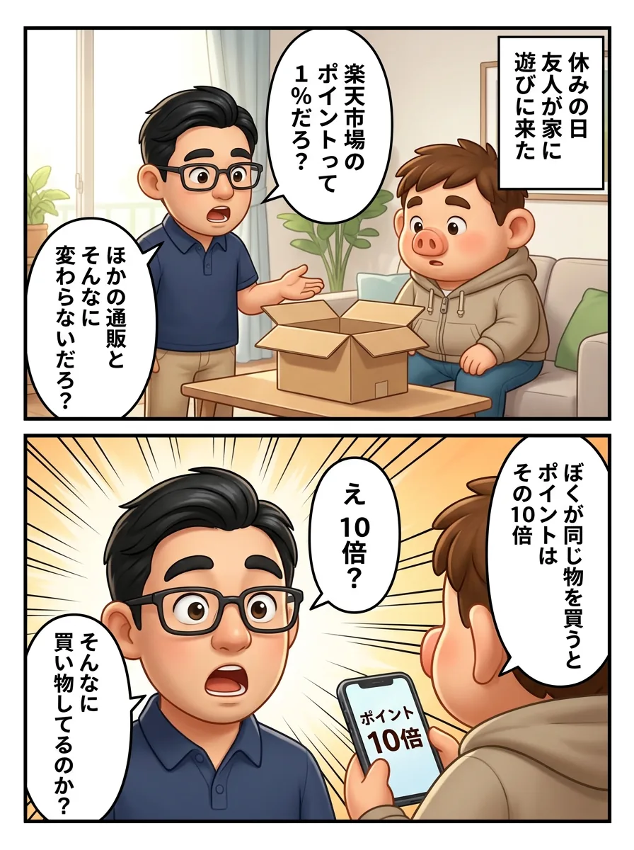 楽天SPU導入漫画の1ページ目。友人が「楽天市場のポイントって1%だろ?」と言い、豚男のスマホには「ポイント 10倍」と表示されている
