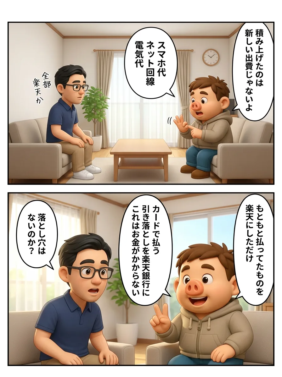 3ページ目。積み上げたのは新しい出費ではなく、もともと払っていたスマホ代・ネット回線・電気代。カードで払う設定と引き落としを楽天銀行にする設定はお金がかからない