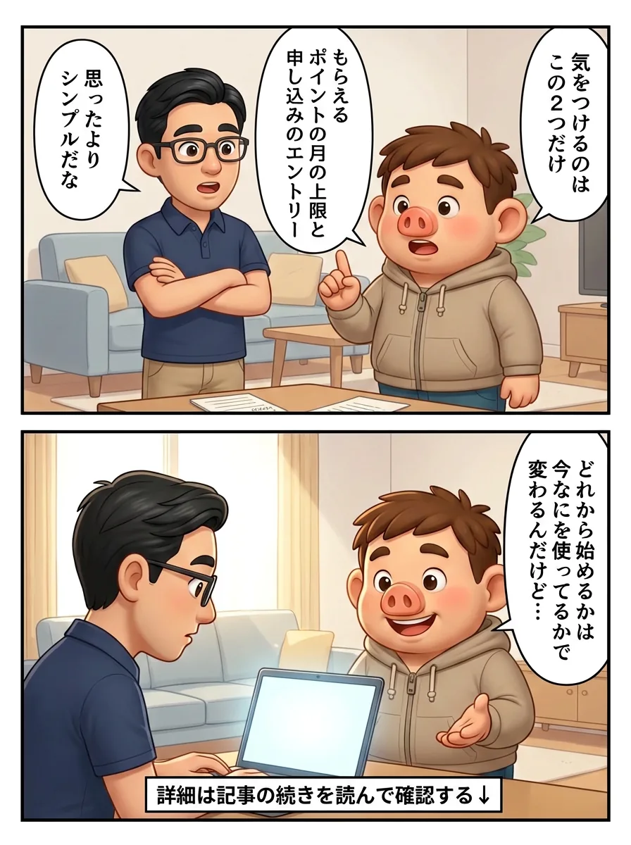 4ページ目。気をつけるのはもらえるポイントの月の上限と申し込みのエントリーの2つだけ。詳細は記事の続きで確認
