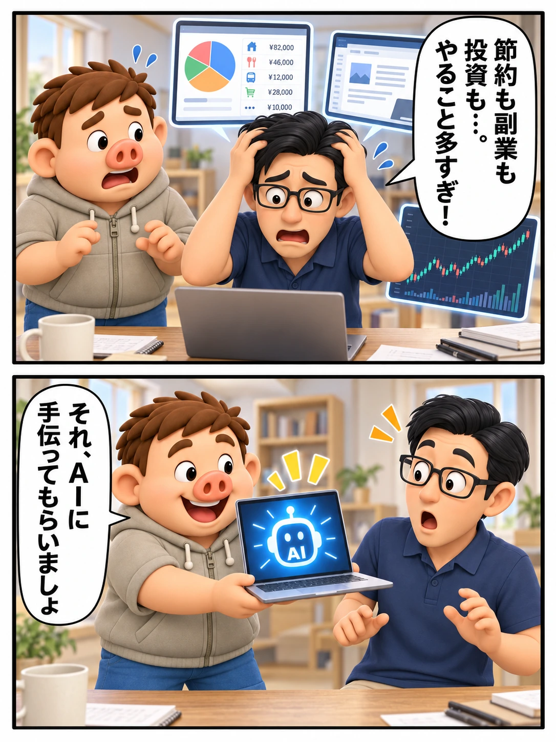 家計・副業・投資に悩む友人へ、豚男がAIの活用を提案する4コマ漫画の前半