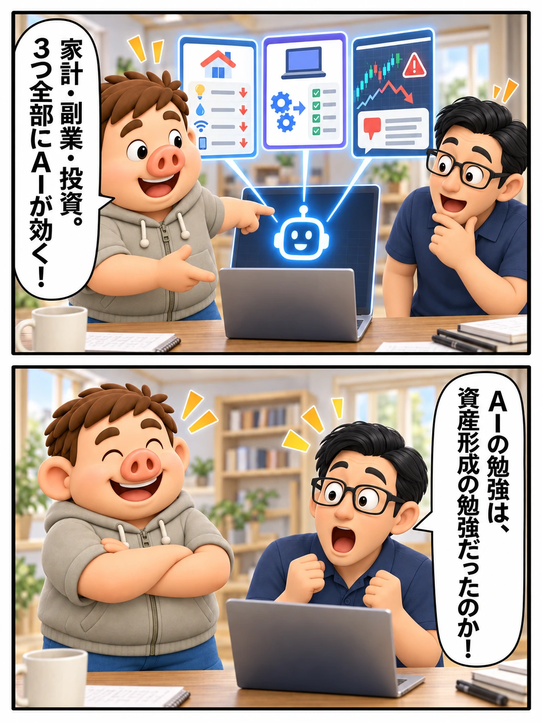 AIが家計・副業・投資を支援し、友人が資産形成とのつながりに気づく4コマ漫画の後半