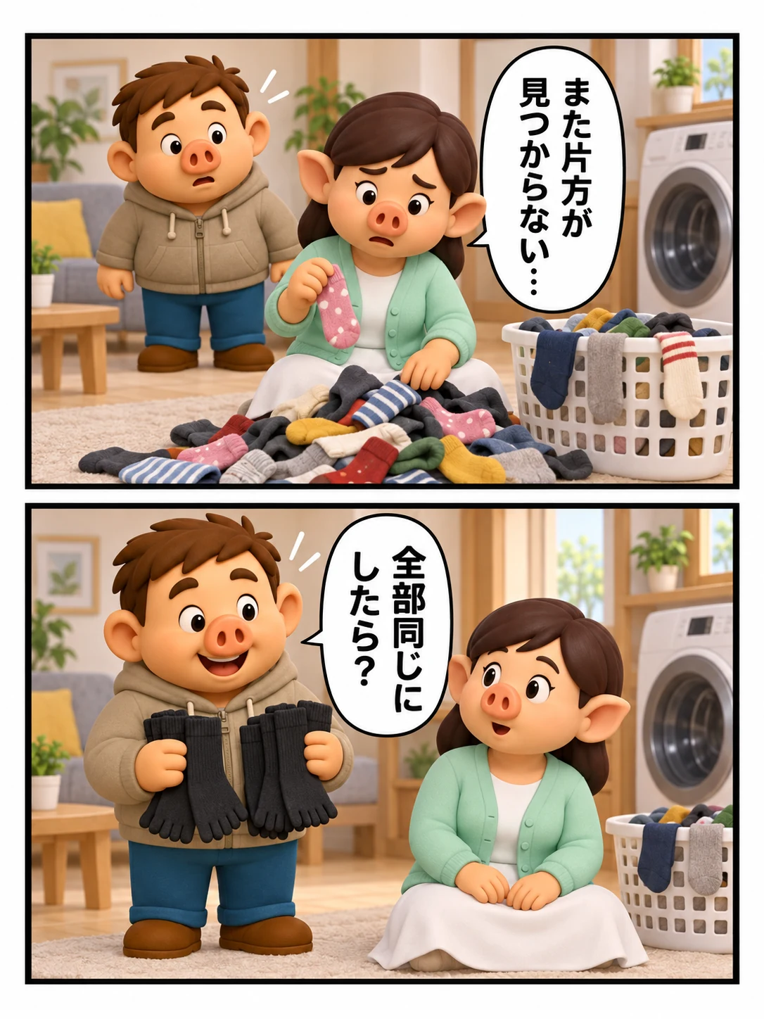 妻が洗濯後に靴下の片方を探し、豚男が全部同じ靴下に揃えることを提案する4コマ漫画の前半