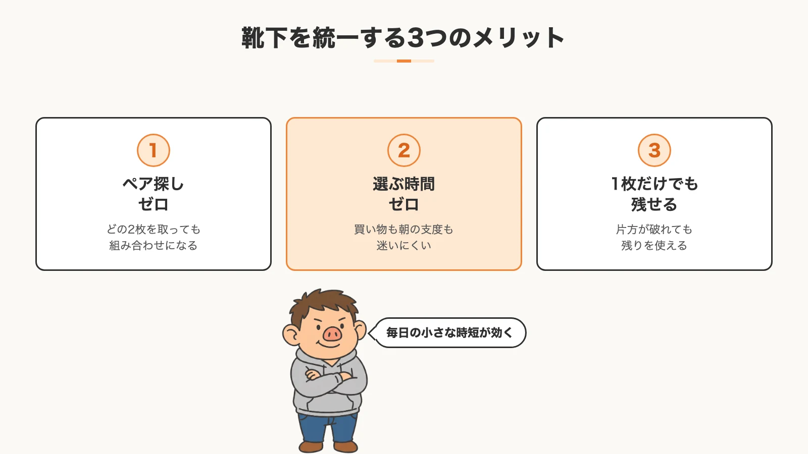 靴下を統一する3つのメリット。ペア探し、選ぶ時間、片方を捨てる無駄を減らせる