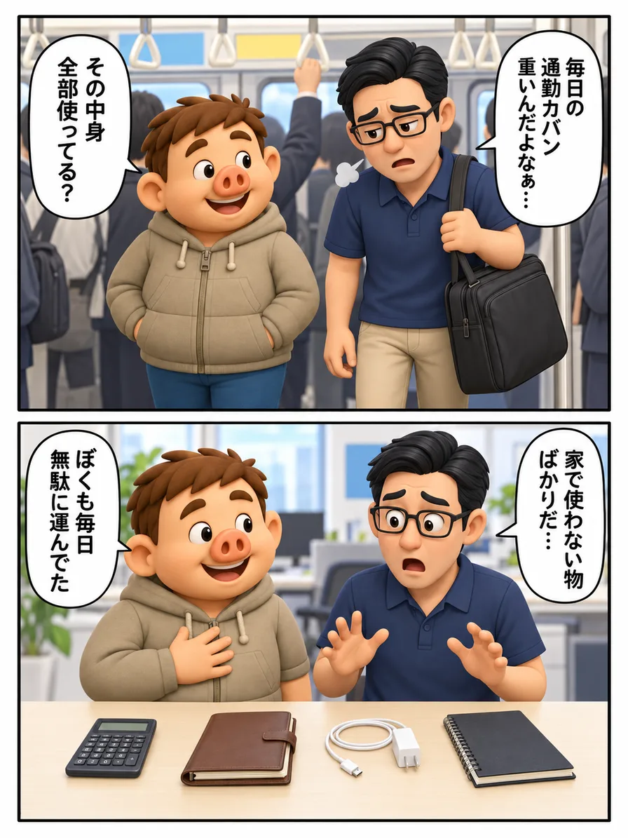 手ぶら通勤の漫画1枚目。友人が重い通勤カバンの中身を確認し、家で使わない物ばかりだと気づく
