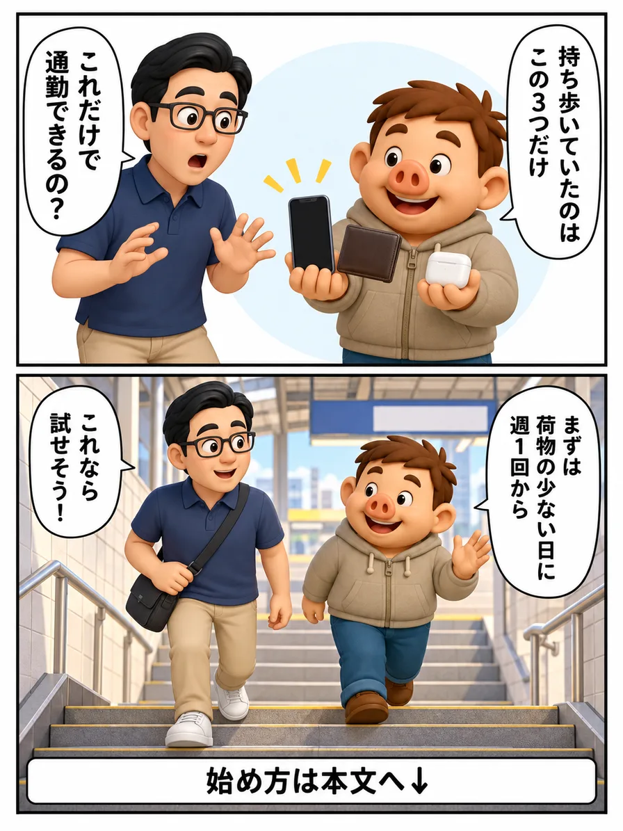 手ぶら通勤の漫画2枚目。持ち物3つを紹介し、荷物の少ない日に週1回から試す方法を伝える